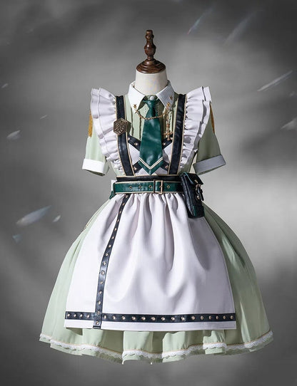 Flatter-Militär und Set, kurze Schürze, grünes Kleid, volle Dienstmädchen-Hülsen, leichte Lolita-Ärmel