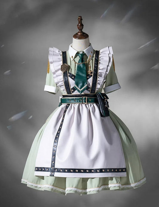 Flatter-Militär und Set, kurze Schürze, grünes Kleid, volle Dienstmädchen-Hülsen, leichte Lolita-Ärmel