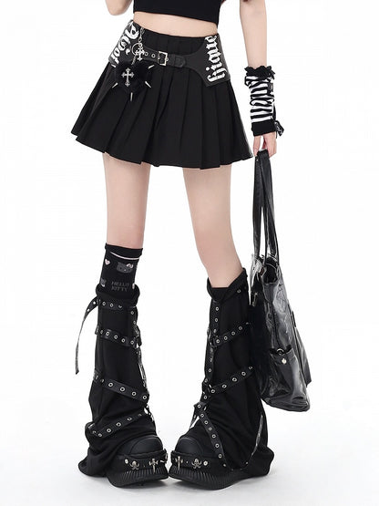 Graffiti PU Closure Pleated with Skirt Gothic Zipper Black Buckles