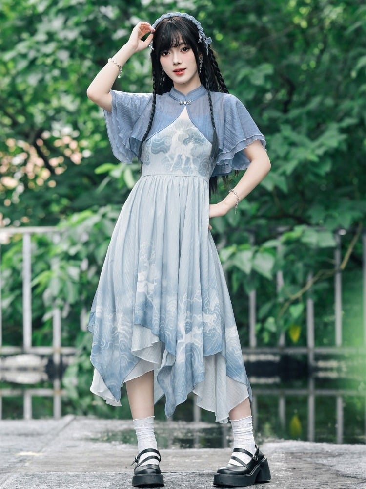 Blue Chiffon Cami Dress with Deer Print & Asymmetric Hem - Quirky Hut