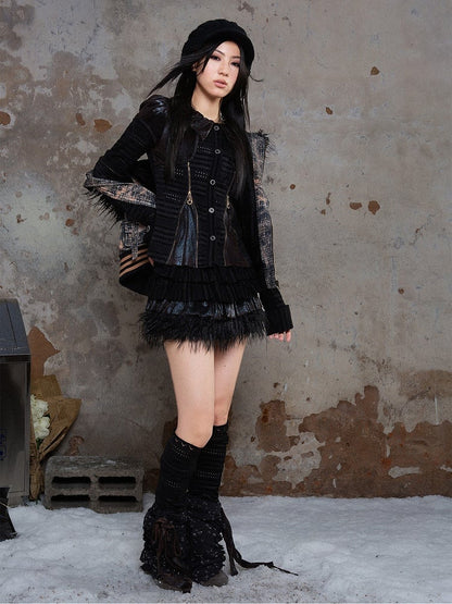 with Side Black Fabric Eyelet Puff Blouse Dotted Collar Punk Ruffled Front Zippers