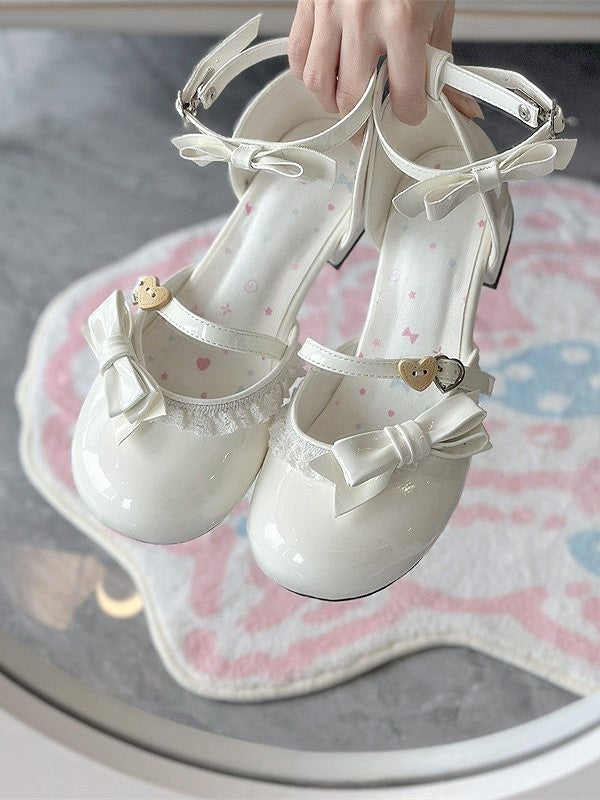 with Sandals Snap Sweet White and Low-heel Lolita Heart-Shaped Style Bows Decor