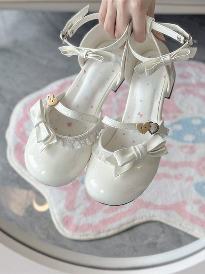 with Sandals Snap Sweet White and Low-heel Lolita Heart-Shaped Style Bows Decor