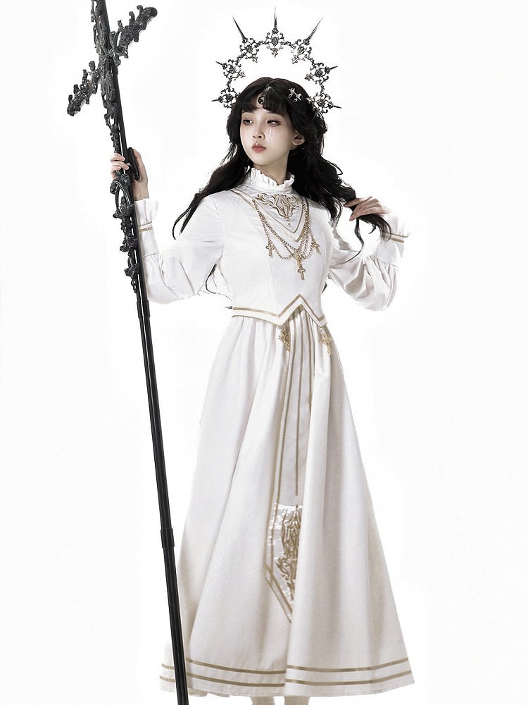 White Gold Long Sleeve Gothic Lolita Dress Coat Cross Accents - Xiong Dou Jiang