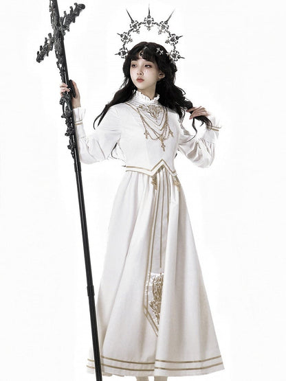 White Gold Long Sleeve Gothic Lolita Dress Coat Cross Accents - Xiong Dou Jiang