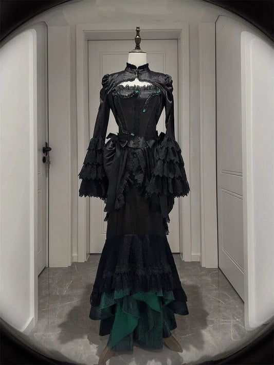 Gothic Skirt Black Green Snakeskin-grain Lolita Mermaid