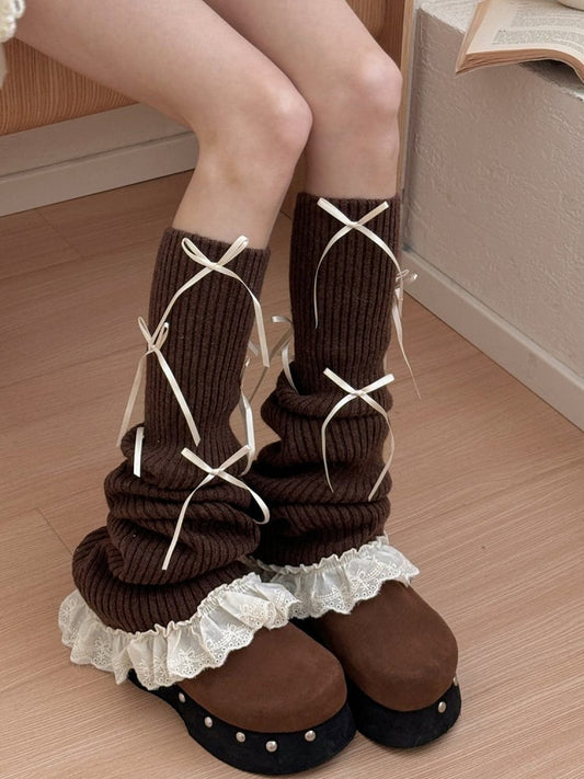 Ribbed Warmers Bow Lace-Up Leg Coffee (4 Colors:
