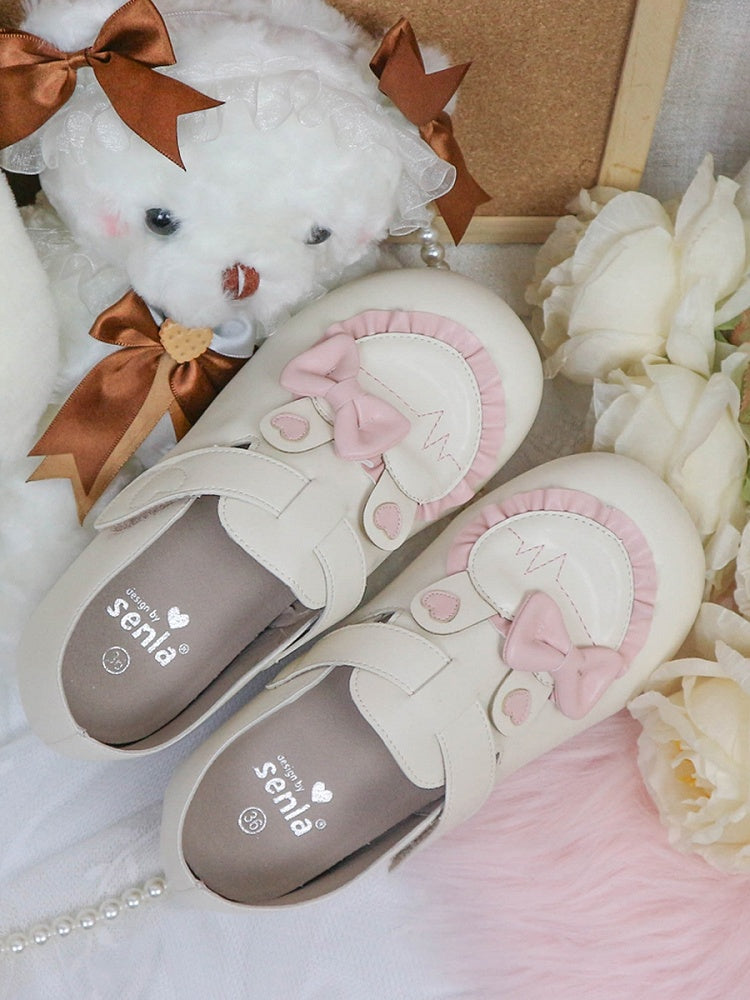 Accnet Sweet Ear Velcro Heart Ruffled Bow Strap Shoes Closures Bunny with Low-heel Beige Pink