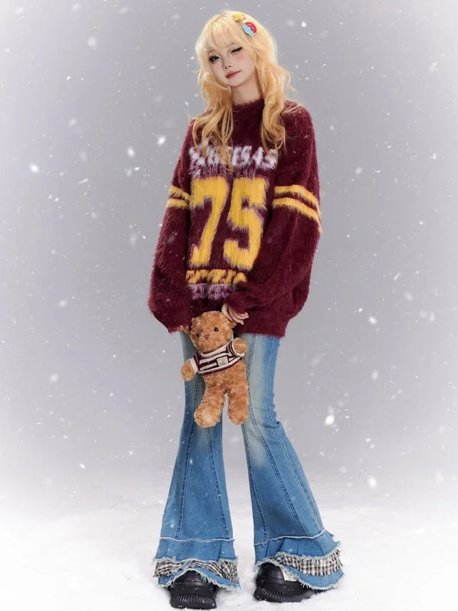 Roter Zahlenmuster Preppy Loose Sweater