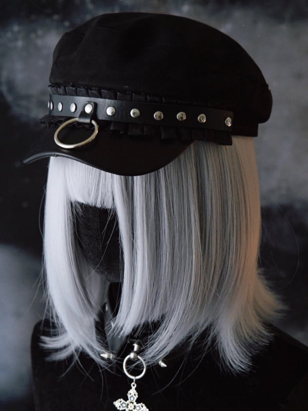 Black Studs Details Beret Gothic Trim Hat Ruffled