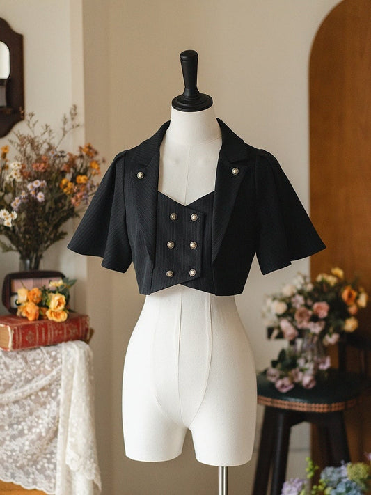 ブラックのレトロファッションブレザーカラークロップドトップ