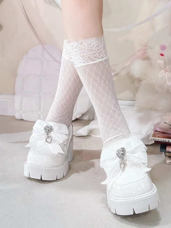 Loafers Kei Platform White 6cm in Bow Matte Chunky Heel Heart Decor Rhinestone Jirai