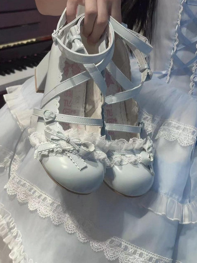 Blue at Heart Lolita mit Spitzenoberteil und Patch, mittelhohem Absatz, Schleife und Rüschen