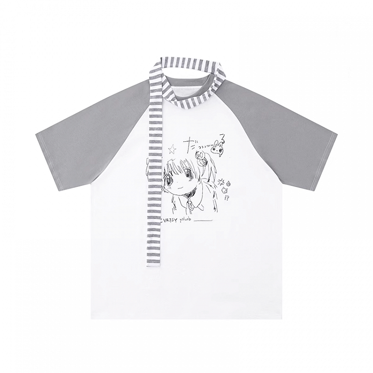 Anime Girl Graffiti T-Shirt Scarf with Striped Grey Colorblock Design