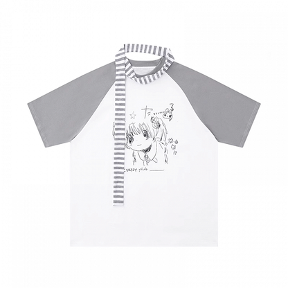 Anime Girl Graffiti T-Shirt Scarf with Striped Grey Colorblock Design