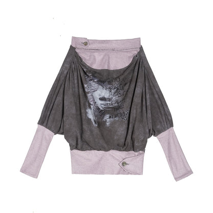 Sleeves Punk Two-piece Top with Batwing Gray-Pink