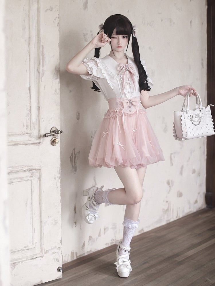 Pink Bubble Skirt with Detachable Rhinestone Bow - Ekomi