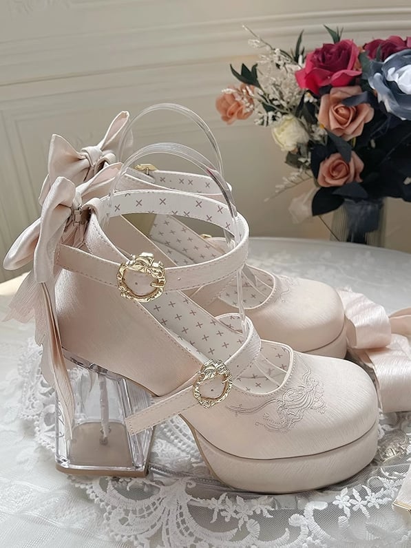 Koi Fish Charm Platform Mary Janes with Detachable Bowknot in Champagne - Floating Dream Realm