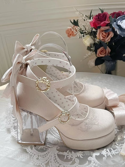 Koi Fish Charm Platform Mary Janes with Detachable Bowknot in Champagne - Floating Dream Realm