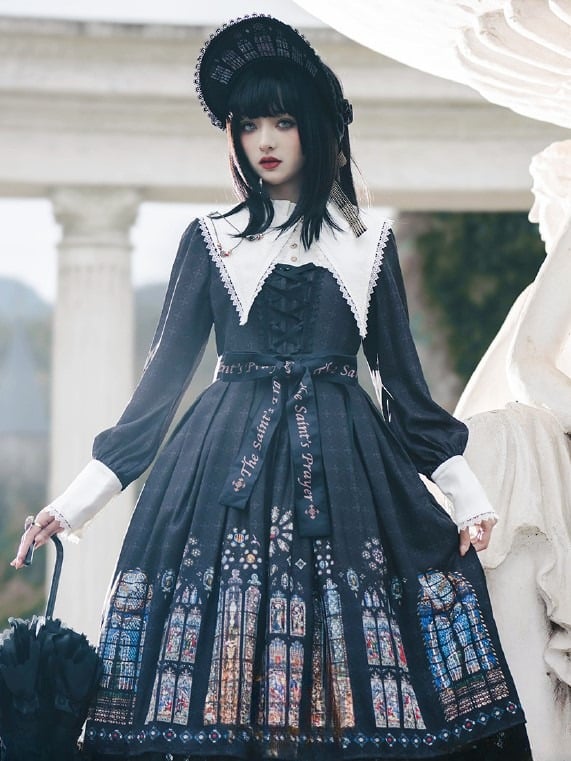 Long Version White Black with Sleeves Dress Lolita Church Gothic Collar Stained Detachable Window
