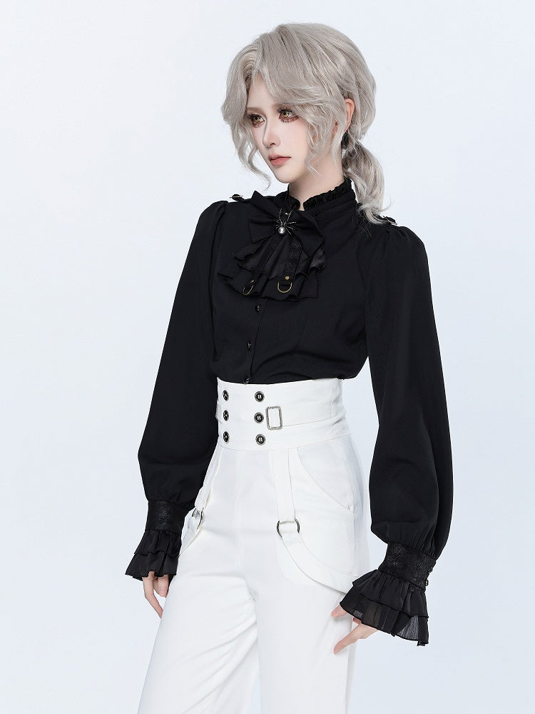 High Neck Long Sleeve Black Shirt with Ruffle Cuffs and Spider Bowtie - DevilInspired Exclusive Collection