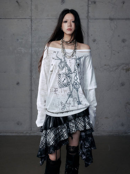 White Grunge Aesthetic Heart Off-Shoulder Print Stud Distressed Cross Punk with Top Details Charm Wasteland