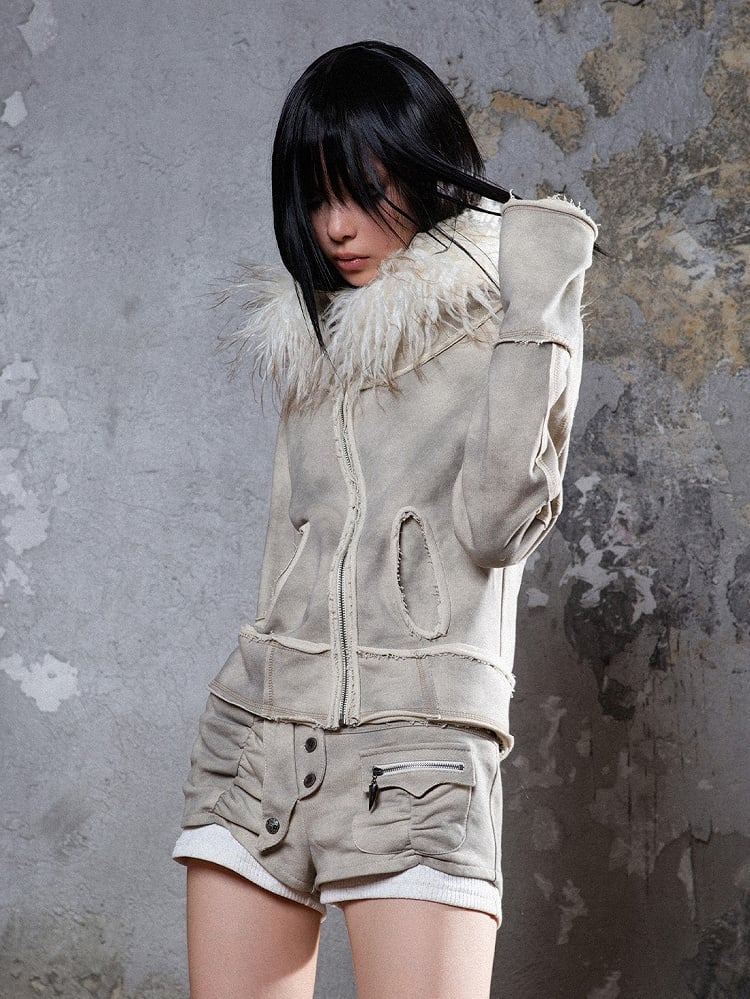 Punk Collar Cotton Fur Grayish Jacket Apricot Distressed Faux with Detachable Hoodie Lining/Regular