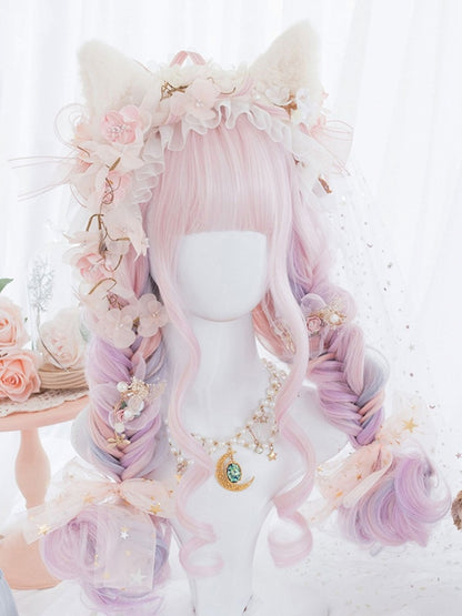 Macaroon Farbe Rosa Lila Lange gewellte synthetische Perücke mit Pony