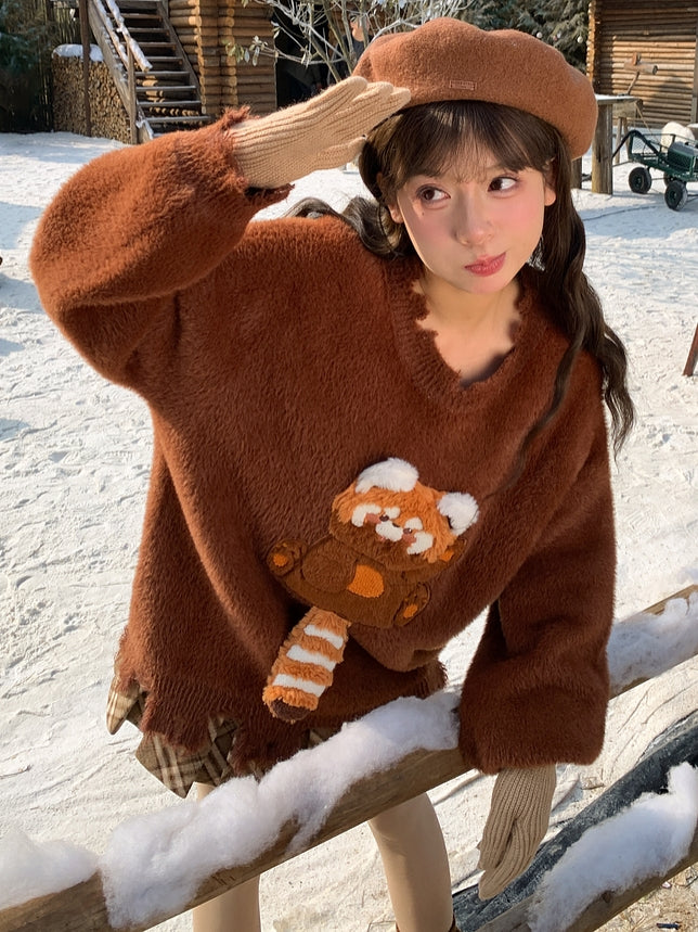 Brown Cute Red Panda Adorned Distress Trim Loose Sweater