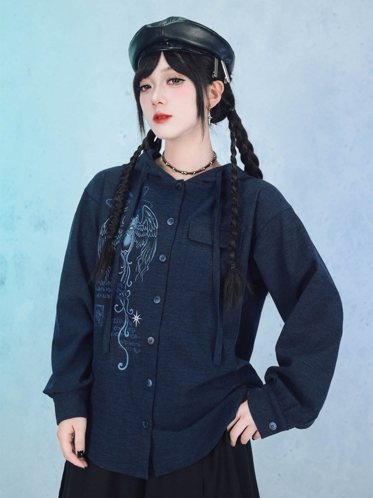 Navy Long Sleeve Hooded Shirt with Sea Angel Graphic Print - Quirky Hut