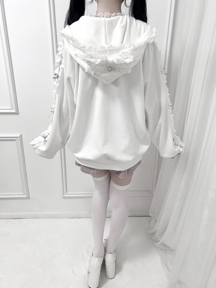 Perforated Jirai Kei Black/White Hoodie Bead-Embellished Bow Jacket: Pockets Sleeve with