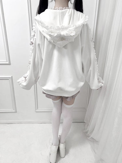 Perforated Jirai Kei Black/White Hoodie Bead-Embellished Bow Jacket: Pockets Sleeve with