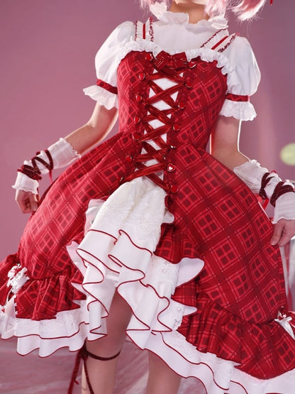Shugo Chara Hinamori Amu Rot kariertes Kleid Lolita-Stil Cosplay Kostüm