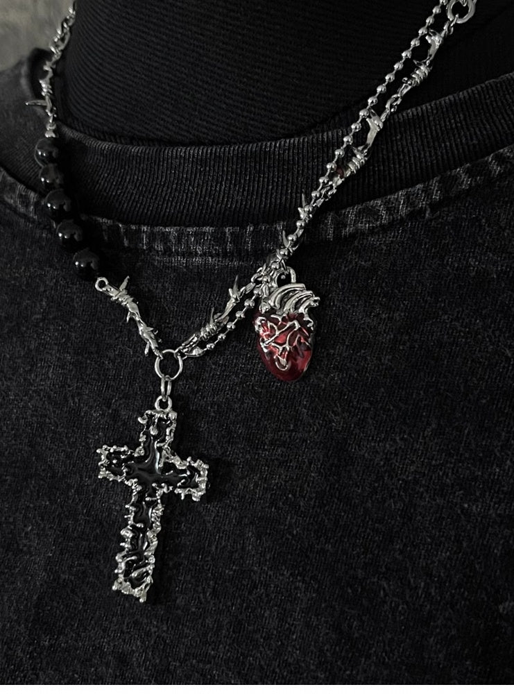 シルバークロスサンドハートペンダントソーンネックレス