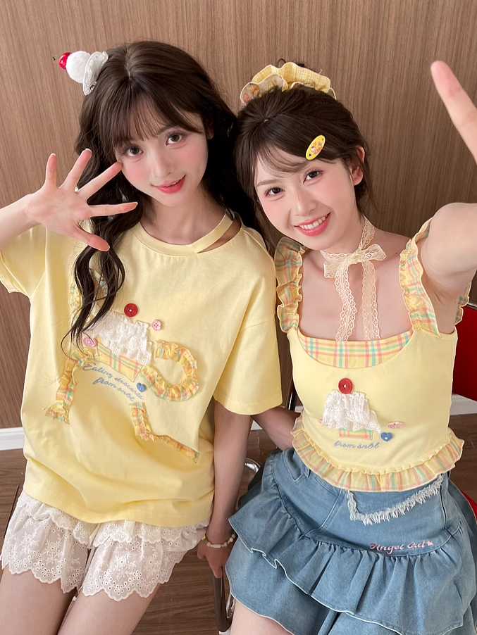 Bowknot Tiered Rüschen Big Cake Gelb Baumwolle T-shirt Design Spitze