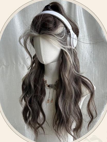 Braune und blonde Highlights, lange, gewellte Kunsthaarperücke mit Pony