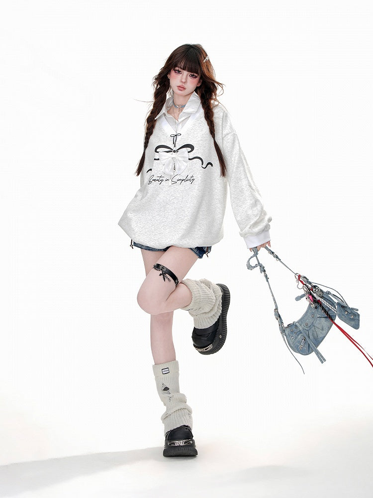 Gray Collar Bow Two-Piece Faux Sweatshirt Polo with Detachable -