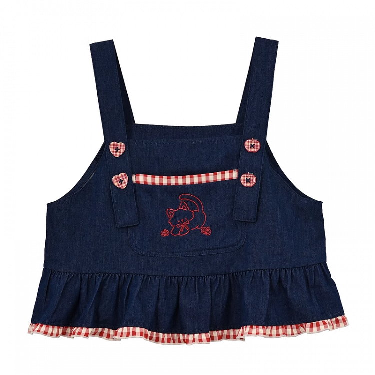 赤いチェック柄の裾、キティの刺繍ボタン、ハートのブルーのノースリーブトップス