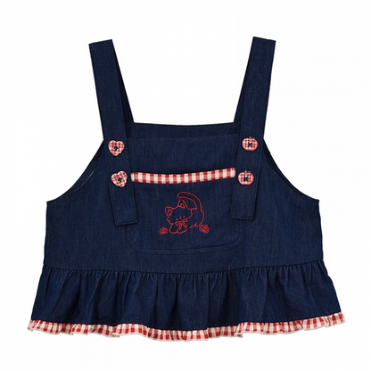 赤いチェック柄の裾、キティの刺繍ボタン、ハートのブルーのノースリーブトップス