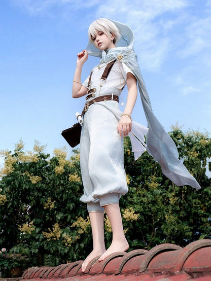Hooded Sheer Shawl in Light Blue with Metal Chain Accent - Xiong Dou Jiang