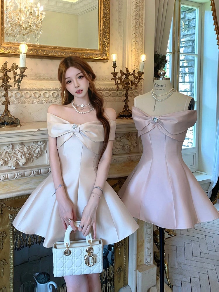 Off-Shoulder Straps Dress Elegant Thigh-length Detail Detachable with Bow