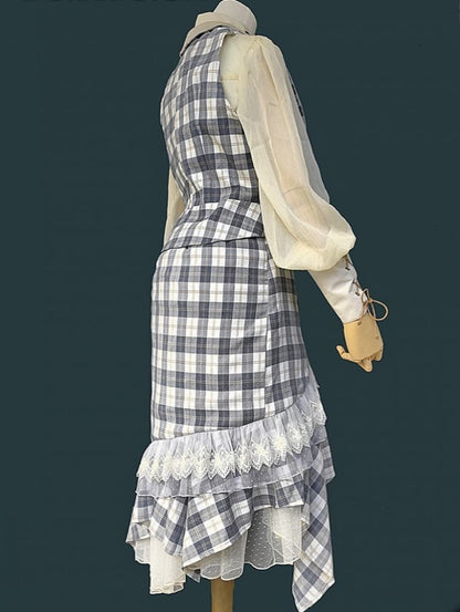 Button with Plaid Blue Details White Waistcoat Steampunk Lolita