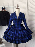 Lapel Notched Set School Blazer + Old Plaid - Lolita Ruffled Skirt Blue