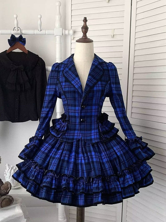 Lapel Notched Set School Blazer + Old Plaid - Lolita Ruffled Skirt Blue