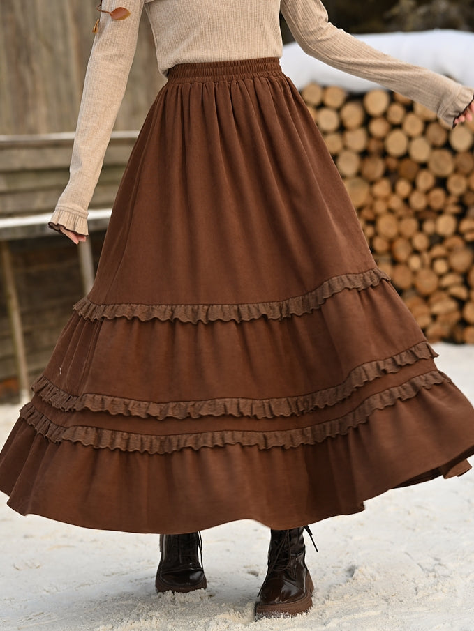 Brown Lace Trim Ankle Length Skirt