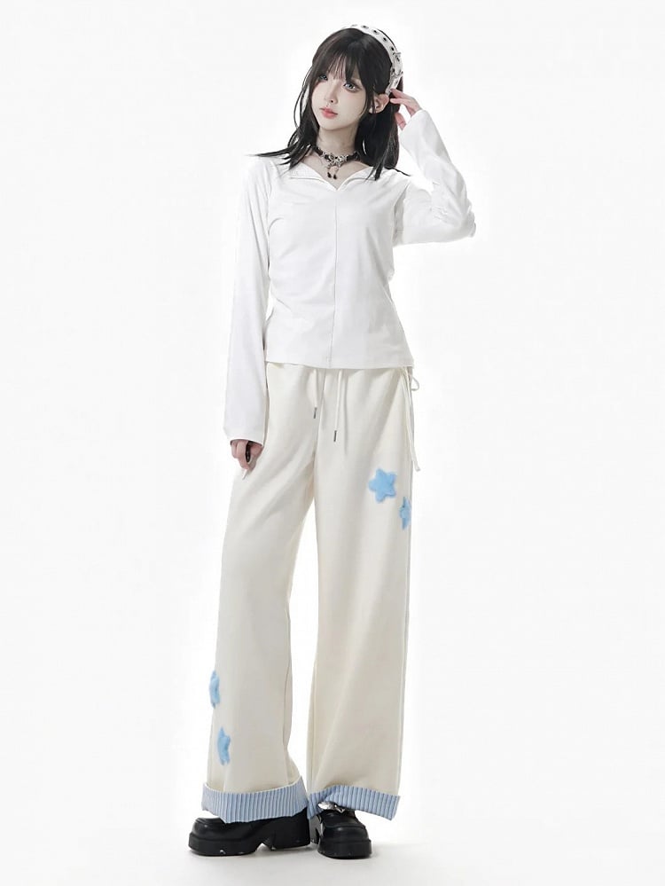 Gray/Black/Beige Plush with Rolled Star Cuffs Appliques Dark Sweatpants Striped