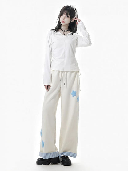 Gray/Black/Beige Plush with Rolled Star Cuffs Appliques Dark Sweatpants Striped