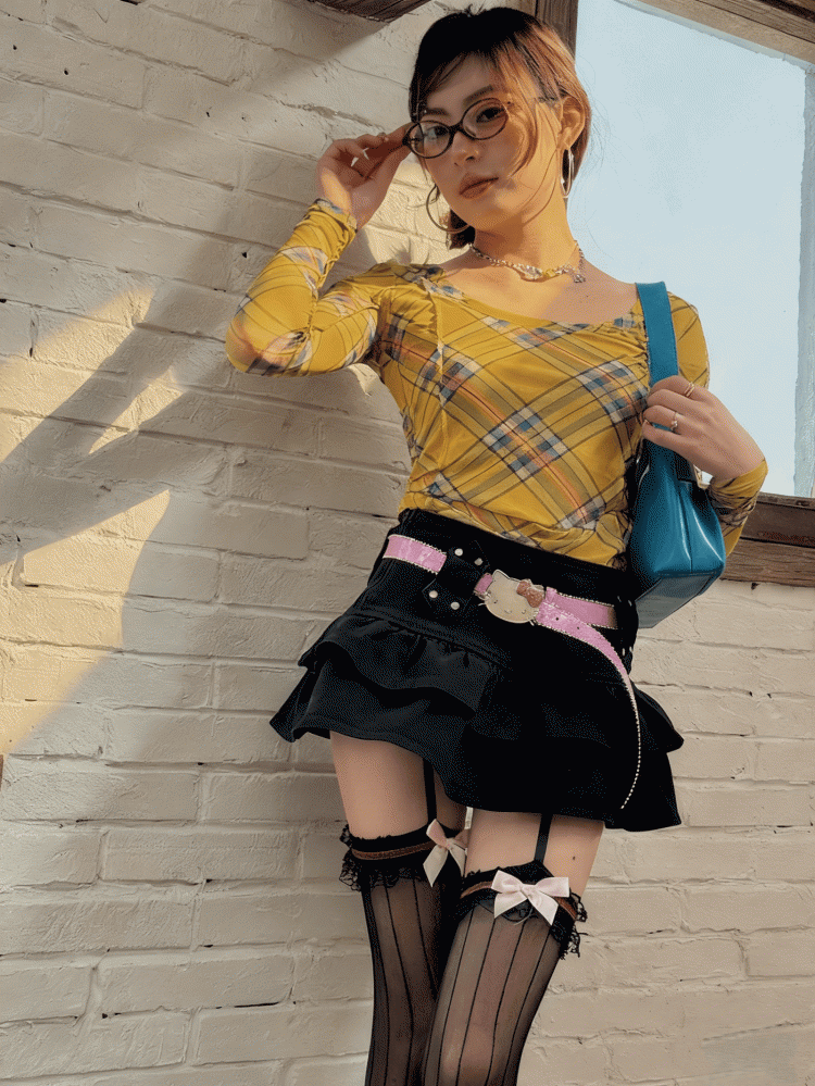 Lace Pattern Striped Suspender Tights Pink Black Bowknot Details