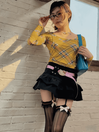 Lace Pattern Striped Suspender Tights Pink Black Bowknot Details