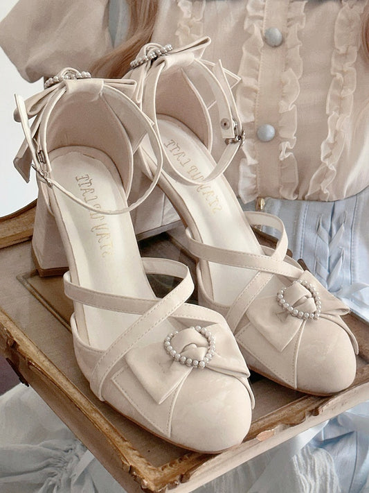 Style in mit PU-Schleifen Heels Beige Herz Lolita Leder Block High Beaded